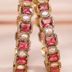 Set of 2 22K Gold-Plated Ruby Pink & White Cubic Zirconia Studded Premium Bangles - 2.4