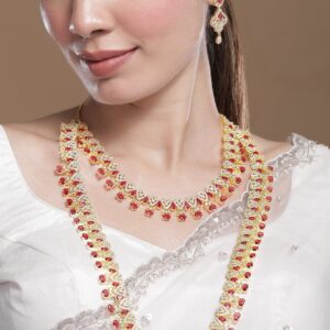 Set of 2, 22K Gold Plated Ruby Red & Cubic Zirconia Studded Traditional Jewelry Set - Ruby Red