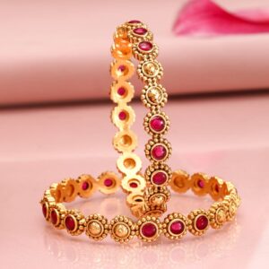 Set of 2 22K Gold-Plated Ruby Stone Studded Ethnic Bangles - Gold