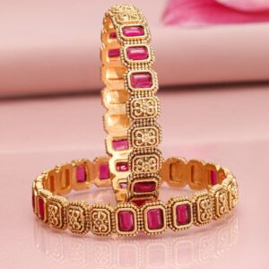 Set of 2 22K Gold-Plated Ruby Stone Studded Filigree Design Traditional Bangles - 02-Aug