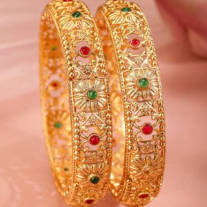 Set of 2 24K Gold-Plated Handcrafted Floral Bangles with Ruby Red & Emerald Green Stones - 2.6