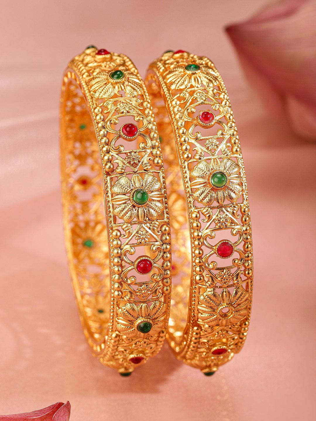 Set of 2 24K Gold-Plated Handcrafted Floral Bangles with Ruby Red & Emerald Green Stones - 2.8