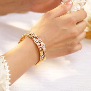 Set of 2, 22K Gold-Plated White Cubic Zirconia Studded Handcrafted Bangles - 2.8