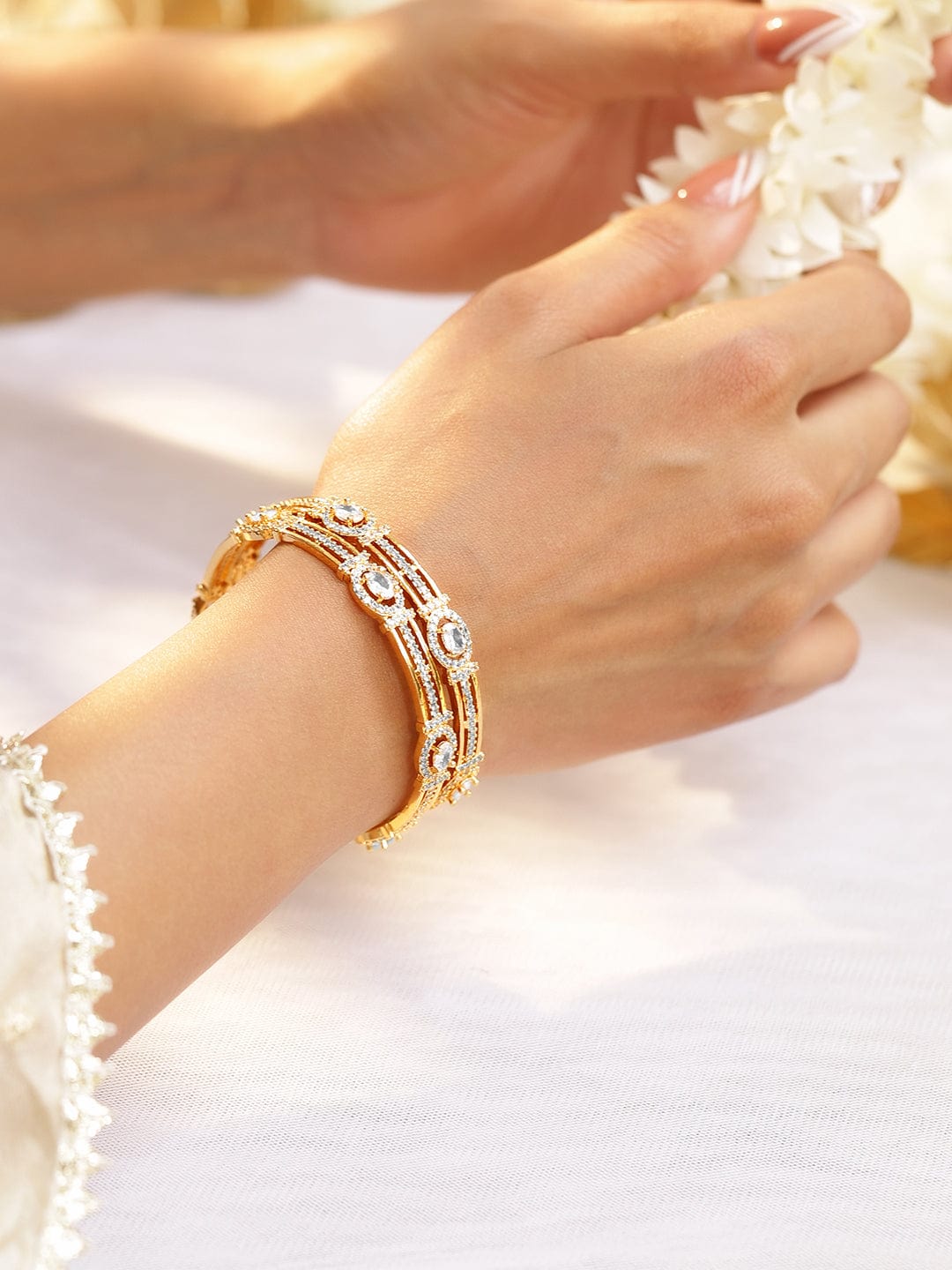 Set of 2, 22K Gold-Plated White Cubic Zirconia Studded Handcrafted Bangles - 2.8
