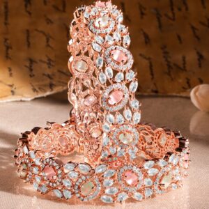 Set of 2 22K Rose Gold-Plated Pastel Pink, Blue & White Cubic Zirconia Studded Premium Bangles - 02-Aug