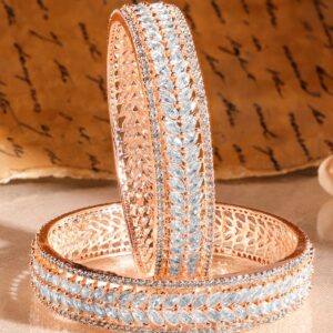 Set of 2 22K Rose Gold-Plated White Cubic Zirconia Studded Leaf Motif Handcrafted Premium Bangles - 02-Apr