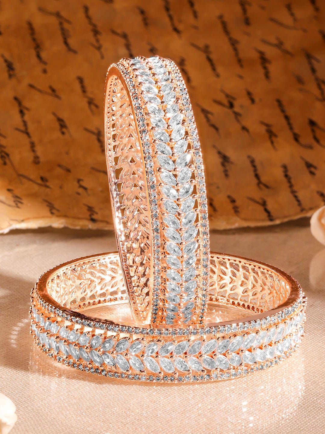Set of 2 22K Rose Gold-Plated White Cubic Zirconia Studded Leaf Motif Handcrafted Premium Bangles - 02-Jun