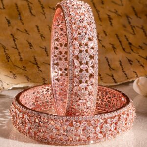 Set of 2 22K Rose Gold Plated Cubic Zirconia Stone Studded Floral Design Bangles - 02-Jun