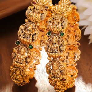 Set of 2 24K Gold-Plated Divine Lakshmi Temple Bangles with Ruby & Emerald Stones - 2.8