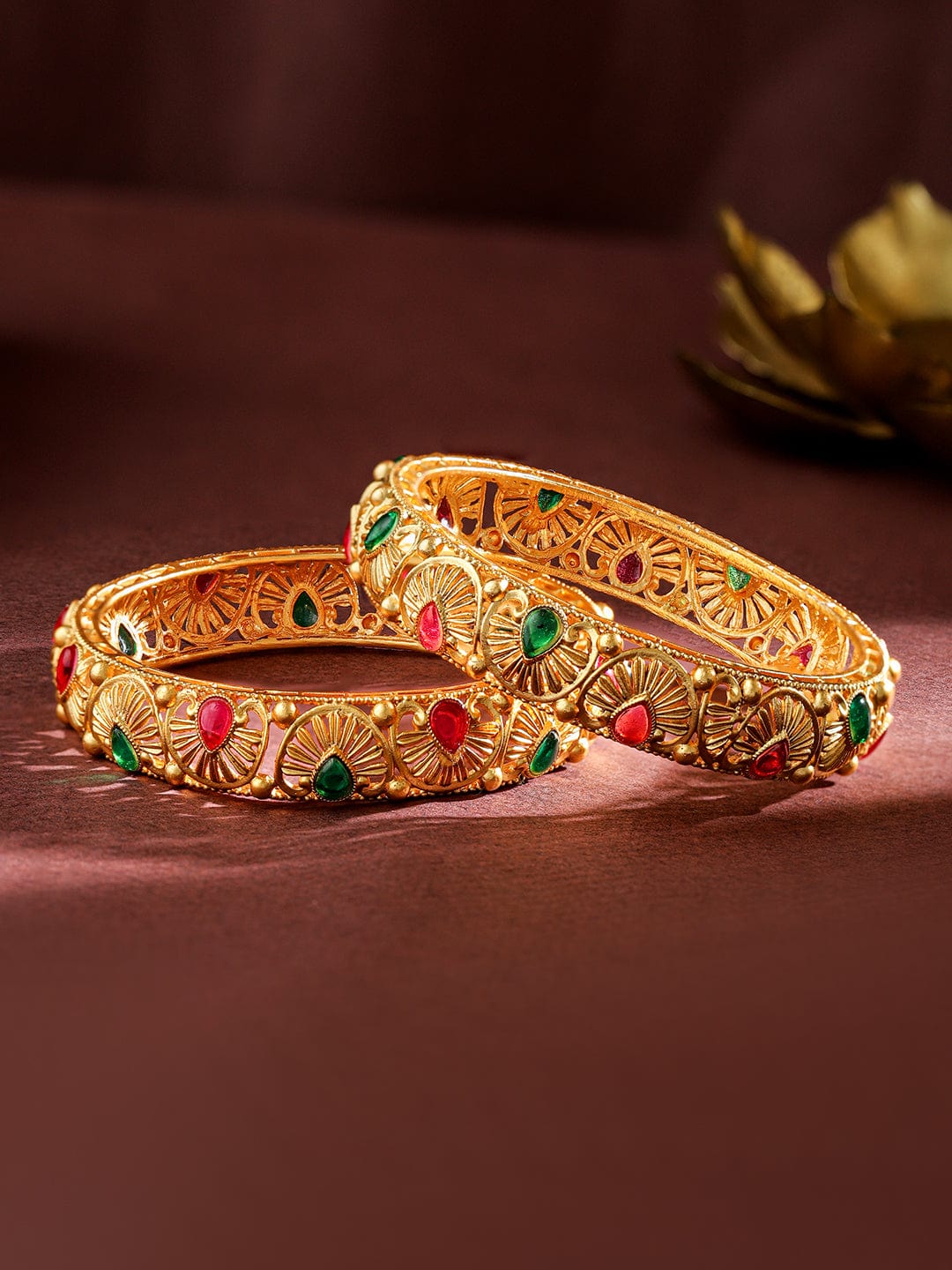 Set of 2, 24K Gold-Plated Handcrafted Bangles with Ruby Red & Emerald Green Stones - 02-Jun