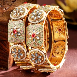 Set of 2, 24K Gold-Plated Handcrafted Kundan & Pearl Studded Meenakari Bangles - 02-Oct