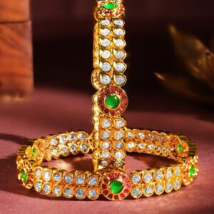 Set Of 2 24K Gold-Plated Ruby Pink & Emerald Green Kundan & White Cubic Zirconia Studded Handcrafted Bangles - 02-Apr