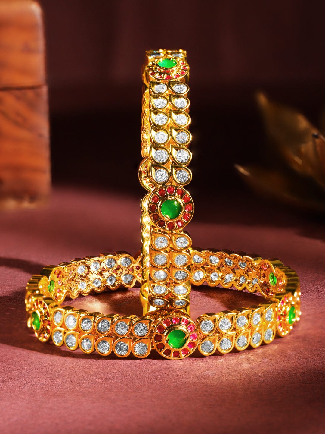 Set Of 2 24K Gold-Plated Ruby Pink & Emerald Green Kundan & White Cubic Zirconia Studded Handcrafted Bangles - 02-Aug