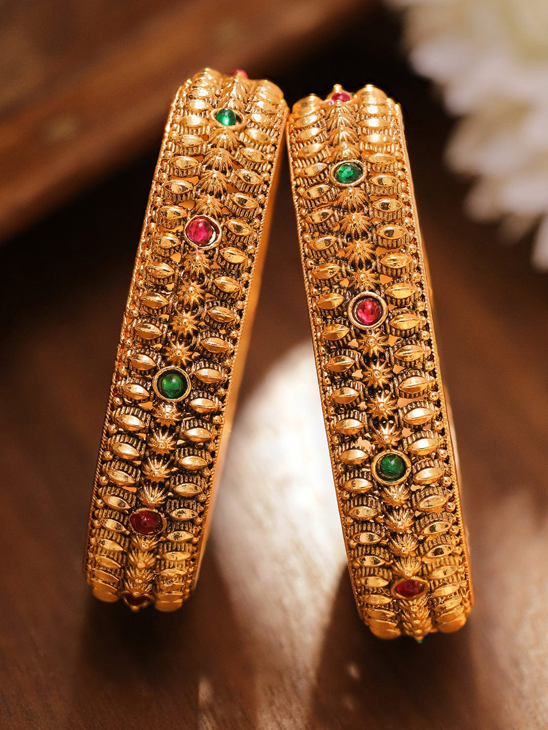 Set of 2 24K Gold-Plated Ruby Red & Emerald Green Studded Golden Beaded Bangles - 2.8
