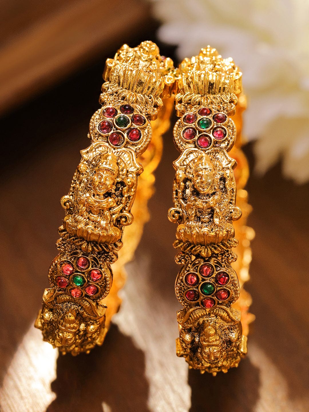 Set of 2 24K Gold-Plated Ruby Red & Green Stone Studded Temple Bangles with Lakshmi Motif - 2.6