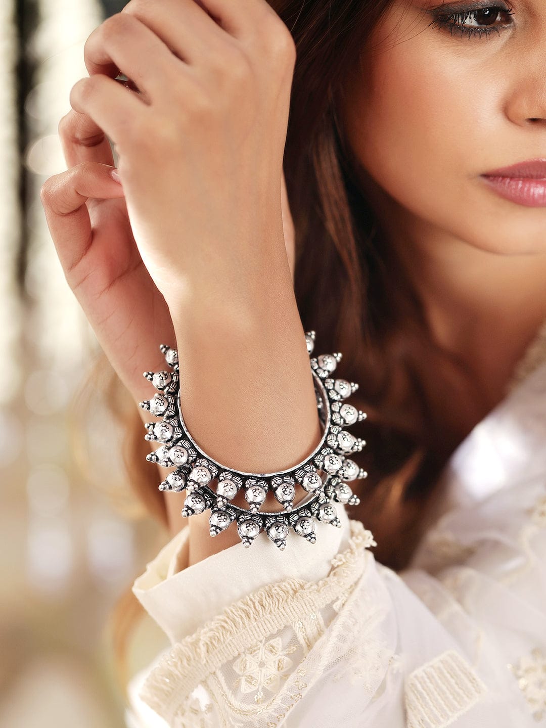 Set Of 2 Silver-Plated Oxidized Artisan-Crafted Bangles with Ghungroo Beads - 2.4