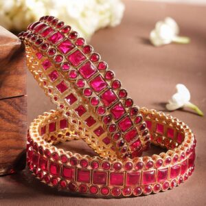 Set of 2 Gold Plated Pink Crystal Kundan Stones Studded Handcrafted Premium Bangles - 2.1