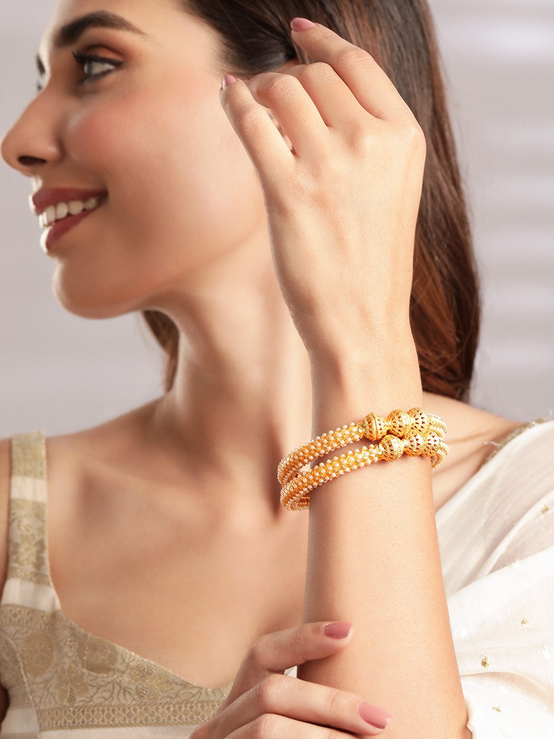 Set Of 2 Gold-Plated White Pearls-Studded Handcrafted Bangles - 2.6