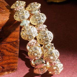 Set of 2 Handcrafted 18K Gold-Plated Pastel Colour Enamel Bangles with White Stone - 2.6