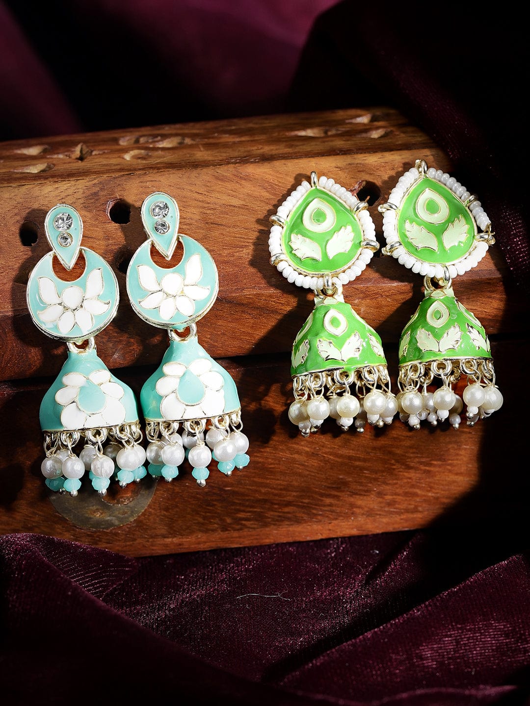 set of 2, Meenakari Mint blue and Mint green Jhumka with White Beads Earrings - Green and Blue