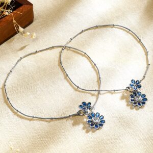 Set of 2 Oxidised Silver-Plated Blue Kundan Floral Charm Anklets