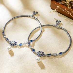 Set of 2 Oxidised Silver-Plated Blue & White Kundan Stone Anklets with Pearl Accents
