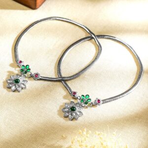 Set of 2 Oxidised Silver-Plated Ruby Pink & Emerald Green Kundan Stones Floral Charm Anklets