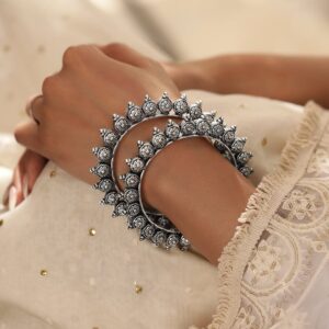 Set of 2 Oxidized Silver plated Bangles with Lotus Motif - 2.8