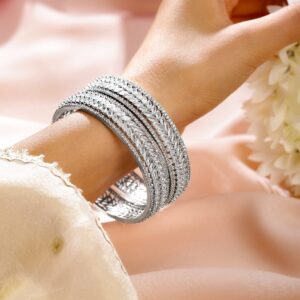 Set of 2 Premium Rhodium-Plated Cubic Zirconia Studded Leaf Motif Luxe Bangles - 02-Jun