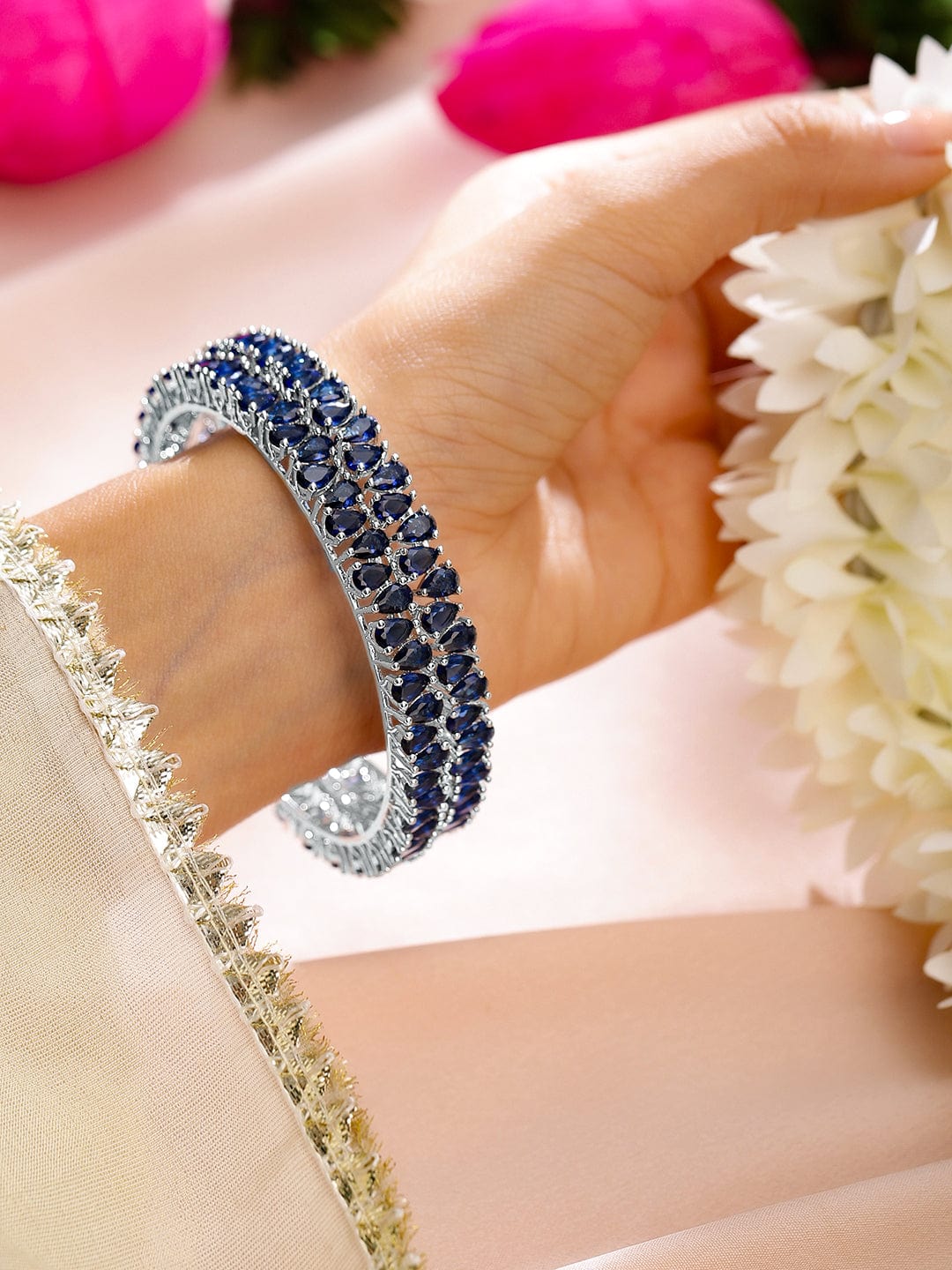Set of 2 Rhodium-Plated Blue Sapphire Studded Handcrafted Premium Bangles - 02-Aug