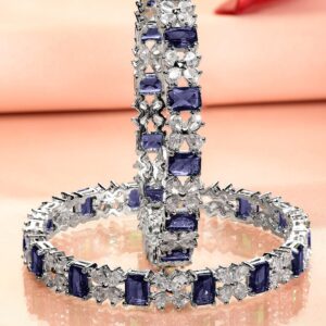 Set of 2 Rhodium-Plated Blue Sapphire & White Cubic Zirconia Studded Handcrafted Bangles - 2.4