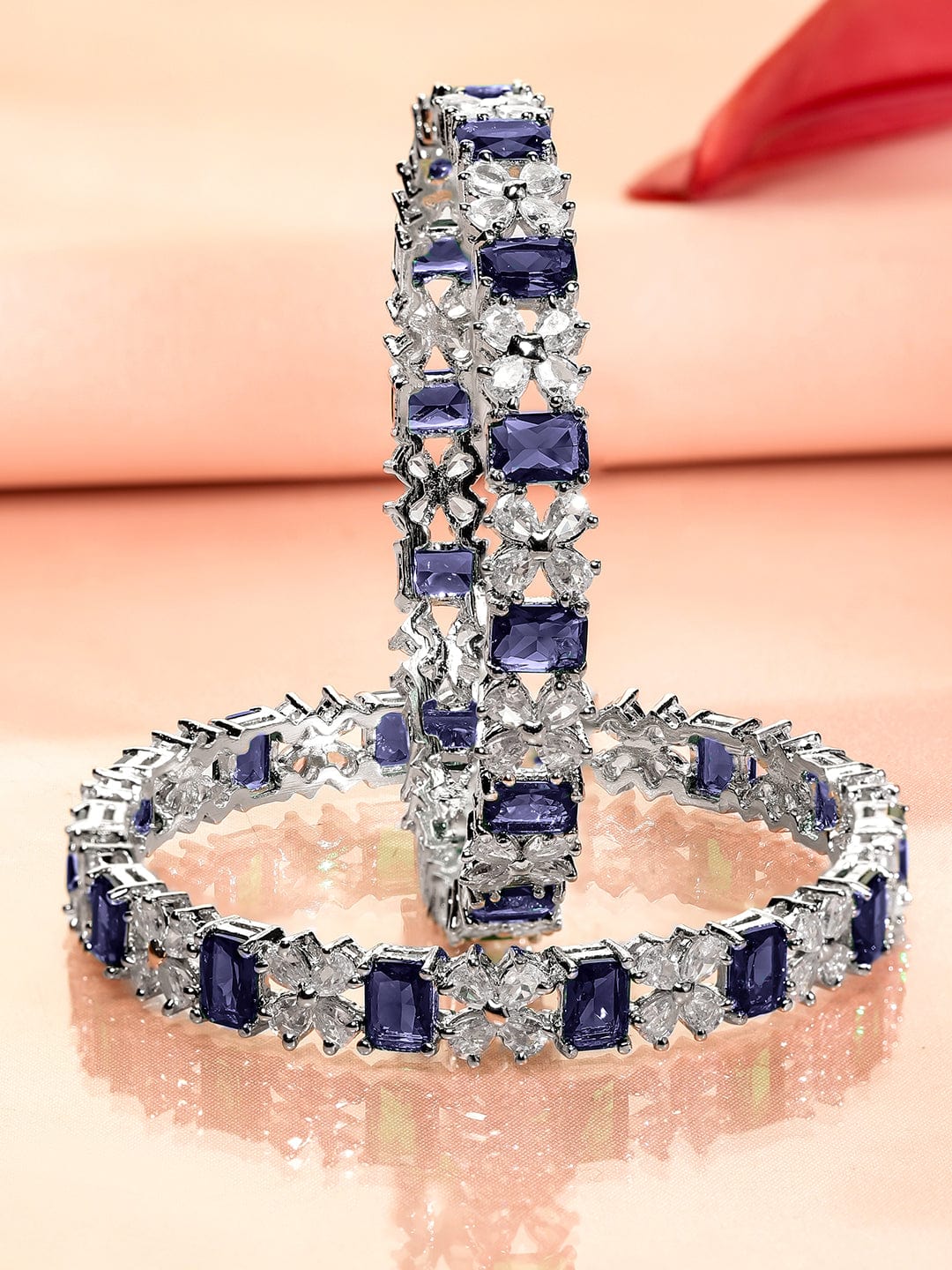 Set of 2 Rhodium-Plated Blue Sapphire & White Cubic Zirconia Studded Handcrafted Bangles - 2.4