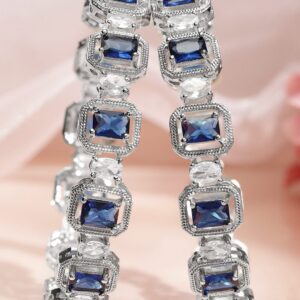Set of 2 Rhodium-Plated Blue Sapphire & White Zirconia Studded Designer Bangles - 2.8