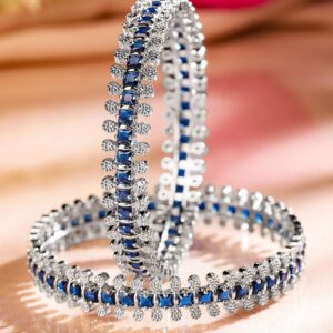 Set of 2 Rhodium-Plated Blue & White Cubic Zirconia Studded Handcrafted Luxe Bangles for Women - 02-Aug