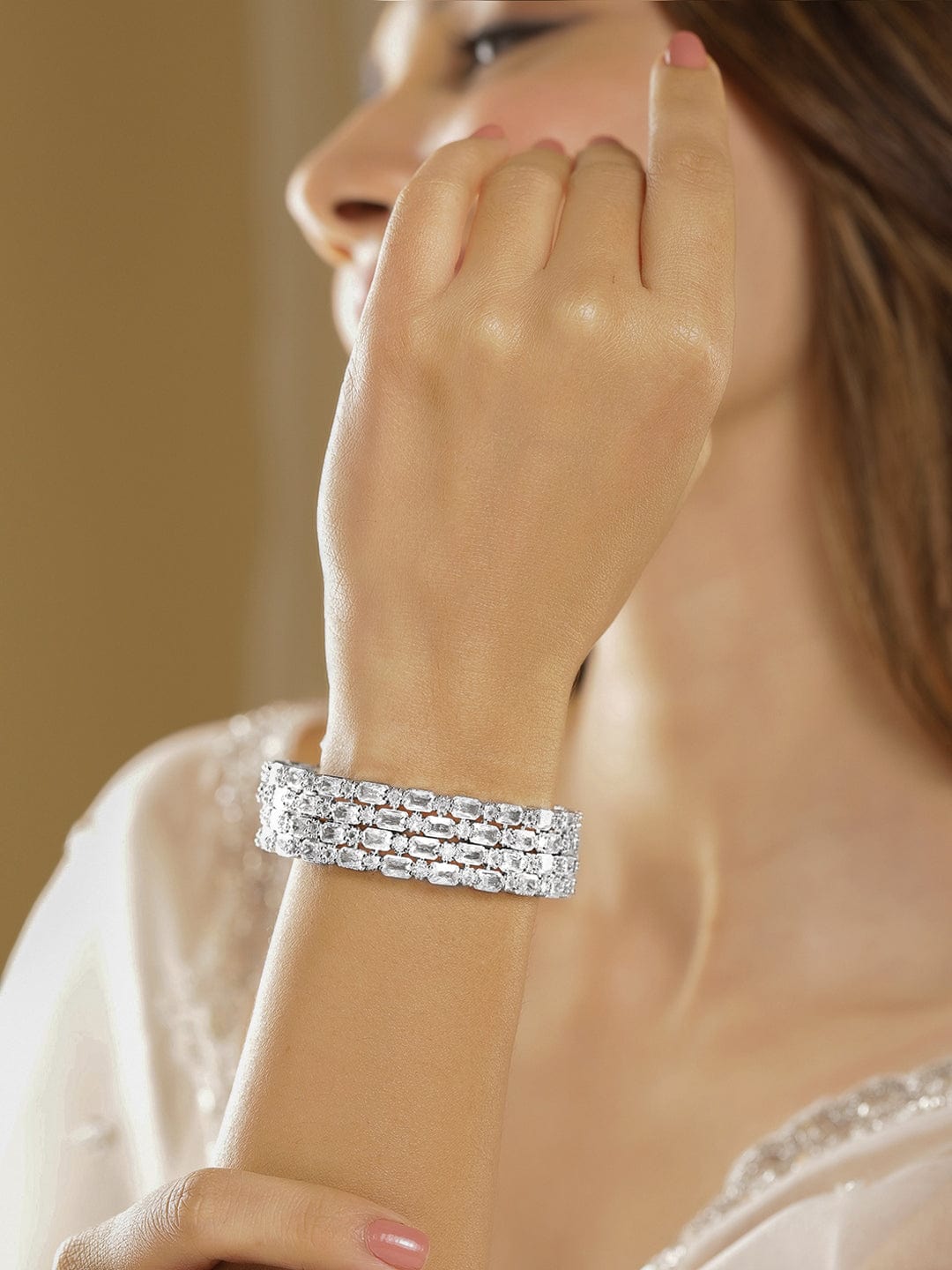 Set of 2 Rhodium-Plated Crystal White AD & Cubic Zirconia Studded Premium Bangles - Silver / 2.4