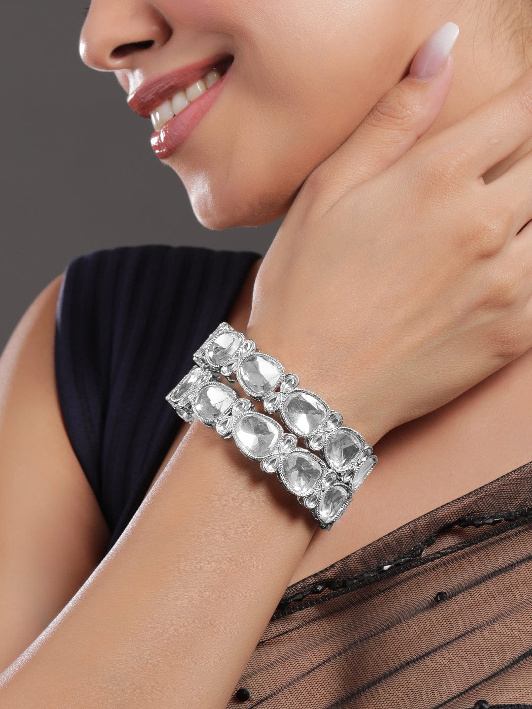 Set of 2 Rhodium-Plated Crystal White Cubic Zirconia Studded Premium Bangles - 2.6