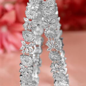 Set of 2 Rhodium-Plated Cubic Zirconia Studded Floral Pattern Premium Bangles - 02-Apr