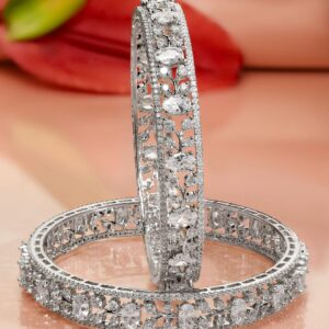Set of 2 Rhodium-Plated Cubic Zirconia Studded Floral Premium Bangles - 02-Jun