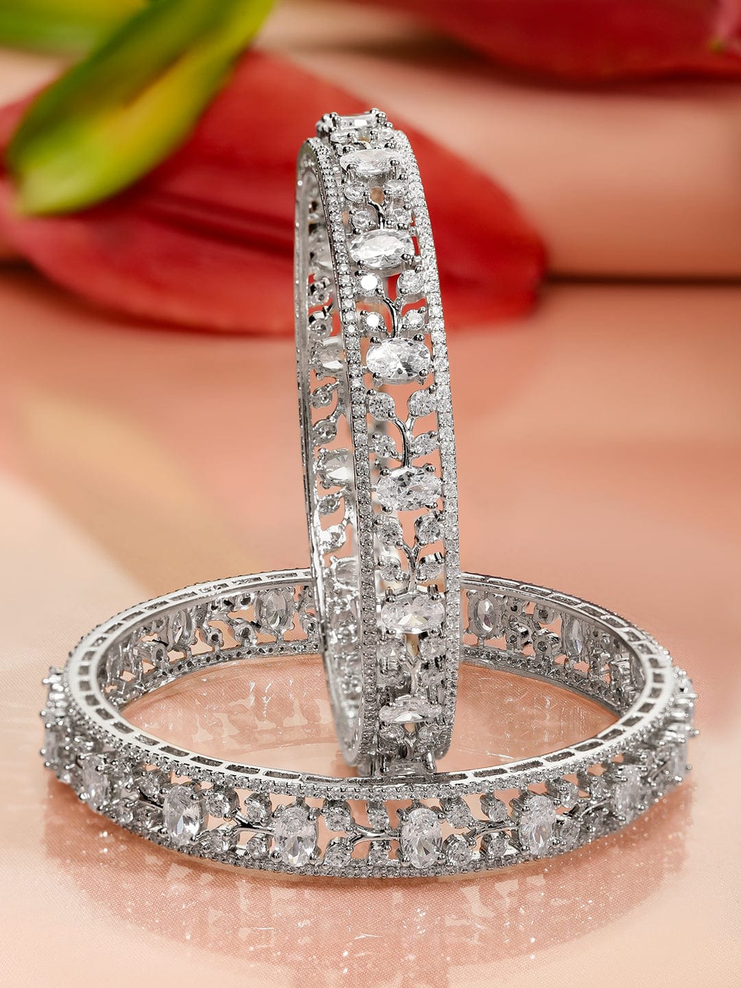 Set of 2 Rhodium-Plated Cubic Zirconia Studded Floral Premium Bangles - 02-Aug