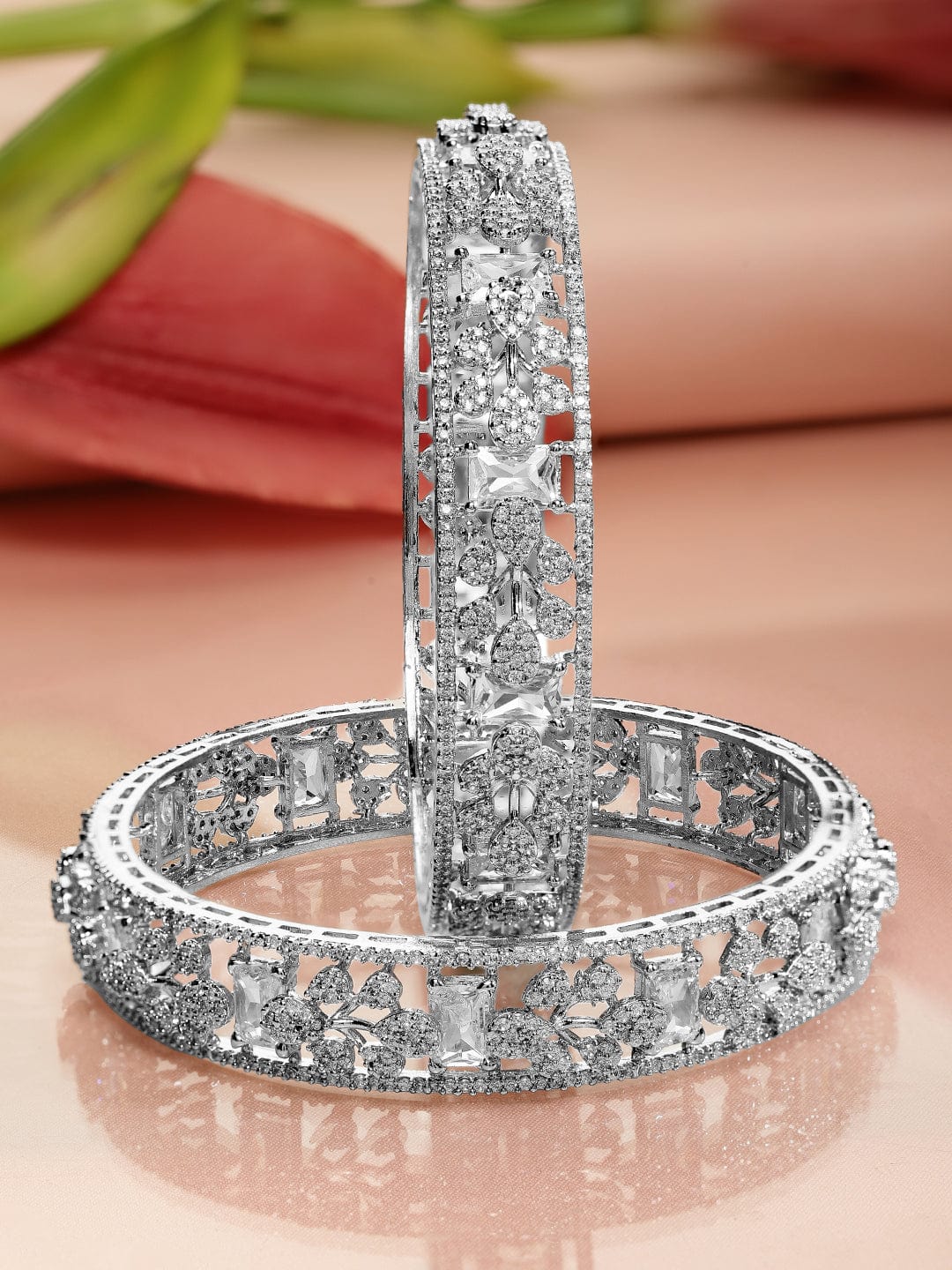 Set of 2, Rhodium-Plated Cubic Zirconia Studded Premium Handcrafted Bangles - 02-Apr