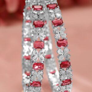 Set of 2 Rhodium-Plated Ruby Pink & White Cubic Zirconia Studded Bangles - 2.6