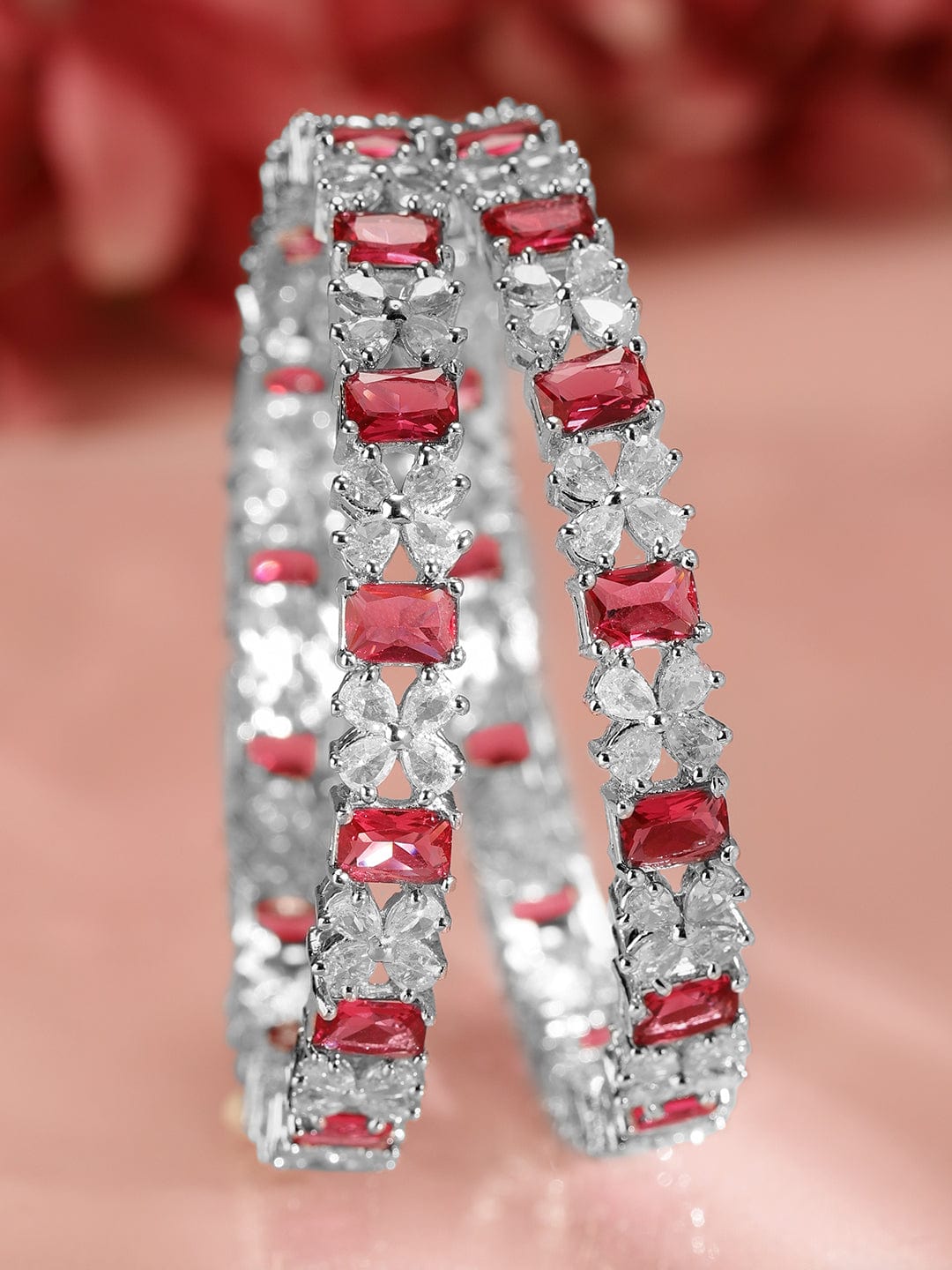 Set of 2 Rhodium-Plated Ruby Pink & White Cubic Zirconia Studded Bangles - 2.4