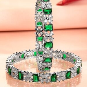 Set of 2 Rhodium-Plated Emerald Green & White Cubic Zirconia Studded Bangles - 2.4