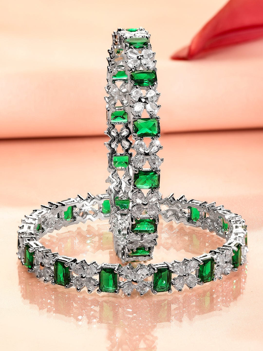 Set of 2 Rhodium-Plated Emerald Green & White Cubic Zirconia Studded Bangles - 2.6