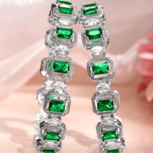 Set of 2 Rhodium-Plated Emerald Green & White Cubic Zirconia Studded Floral Bangles - 2.6