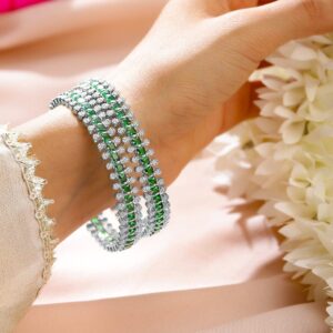 Set of 2 Rhodium-Plated Emerald Green & White Cubic Zirconia Studded Luxe Bangles - 02-Aug
