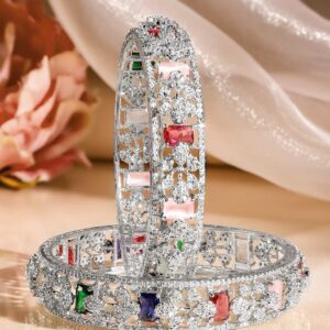 Set of 2 Rhodium-Plated Multicolor AAA Cubic Zirconia Studded Handcrafted Bangles - 02-Apr
