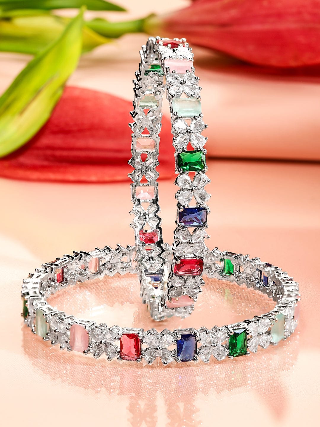 Set of 2 Rhodium-Plated Multicolor AD & Cubic Zirconia Studded Floral Bangles - 2.8