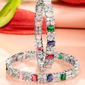 Set of 2 Rhodium-Plated Multicolor AD & Cubic Zirconia Studded Floral Bangles - 02-Jun