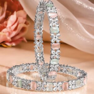 Set of 2 Rhodium-Plated Pastel Green & Pink and White Cubic Zirconia Studded Bangles - 2.6